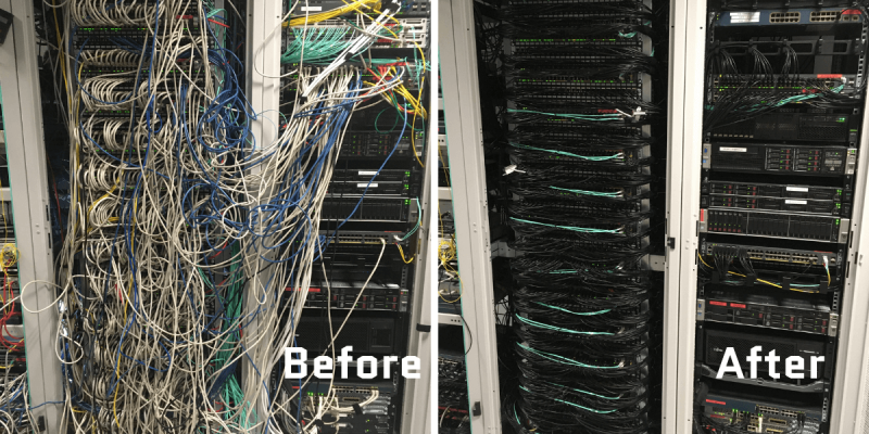 before and after images of comms room maintenance showing messy cables before maintenance and organised cables after maintenance